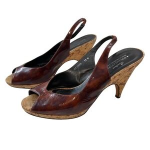 Donald J Pliner Slingback Heels Cork Wedge Peep Toe‎ Brown Leather Womens 10M